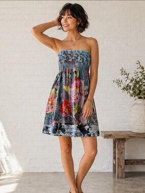 Smocked Strapless Floral Midi Dress in Blue with Red & Pink Blooms XL